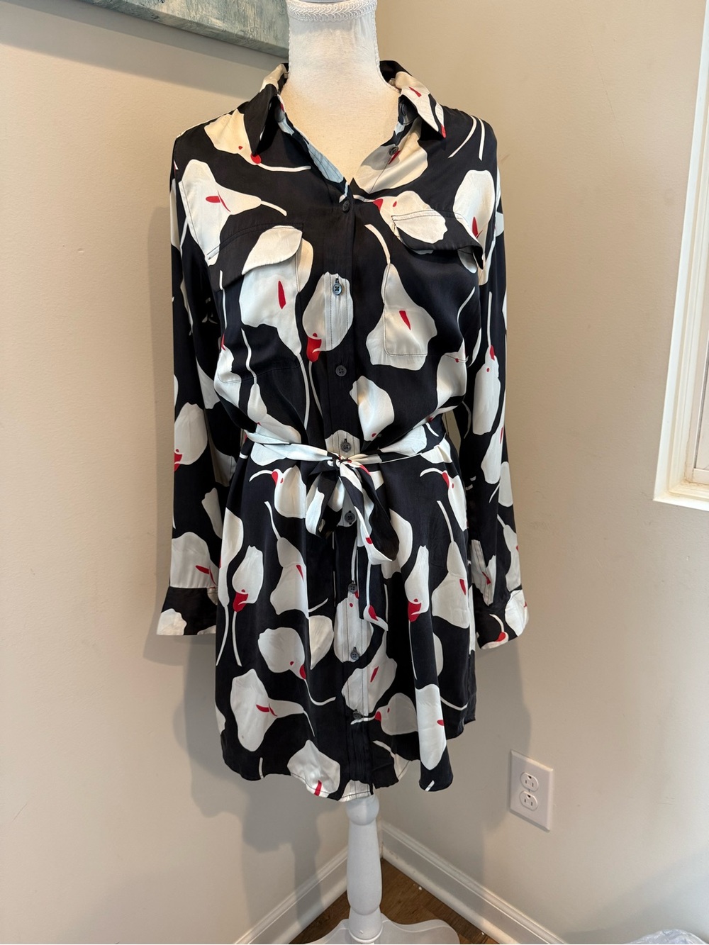 Equipment Silk Black Floral-Print Long Sleeve Shirt Dress